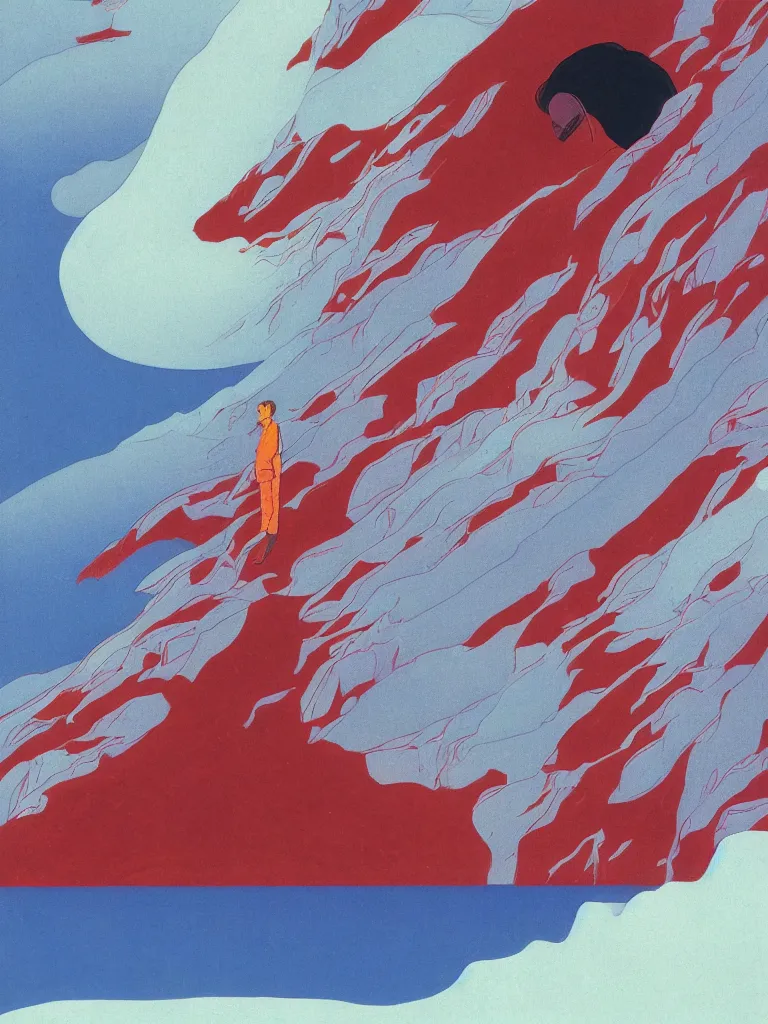 Image similar to a closeup portrait of antigravity, a young siberian man dreaming psychedelic hallucinations in the vast icy landscape of antarctica, volcano lava drips in antigravity by kawase hasui, moebius and edward hopper, colorful flat surreal design, hd, 8 k, artstation