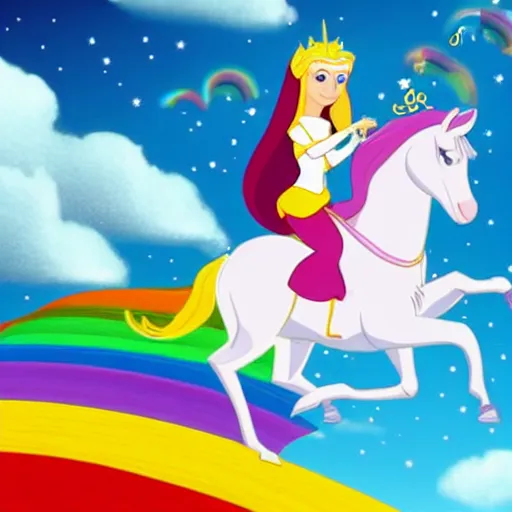 Prompt: a princess with extremely long blond hair from a cartoon riding a unicorn over a rainbow, pixar style