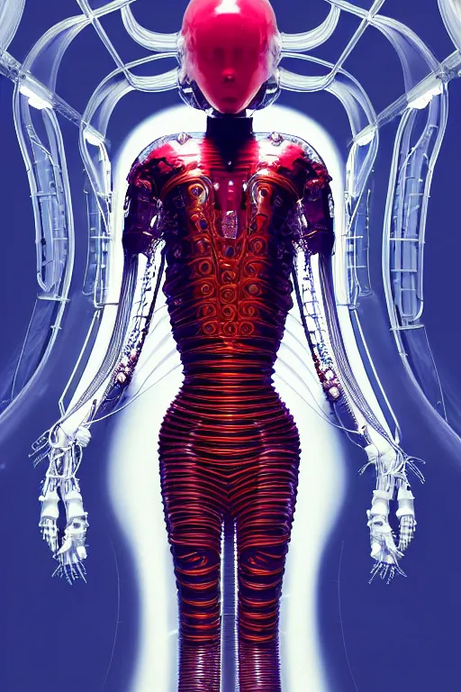 Image similar to background space station, red baroque inflateble dress iris van herpen positing on floor, helmet instead of a head, perfect symmetrical, full body shot, inflateble shapes, wires, tubes, veins, jellyfish, white biomechanical details, wearing epic bionic implants, masterpiece, intricate, biopunk, vogue, highly detailed, artstation, concept art