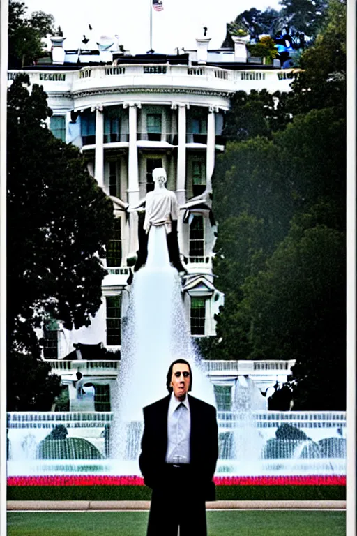 Image similar to A beautiful stone statue of Nicholas Cage in front of the White House, photo by Steve McCurry, heroic pose, detailed, smooth