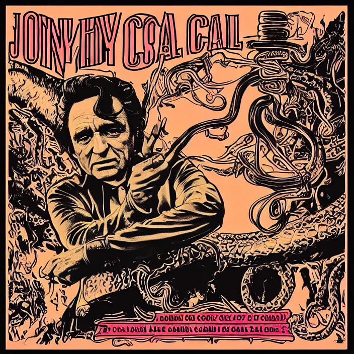 Image similar to album cover for the Johnny Cash and Snake Oil colab record. Snake oil, quackery, folk medicine, scamming, beautiful album cover with no text, album art by Jack Kirby, snake oil