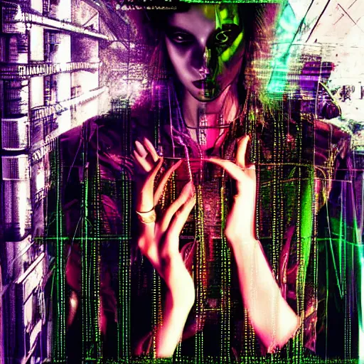 Prompt: warlock architect cyberpunk realism, lust, photo electronic realism, style of david lachapelle, 3 5 mm