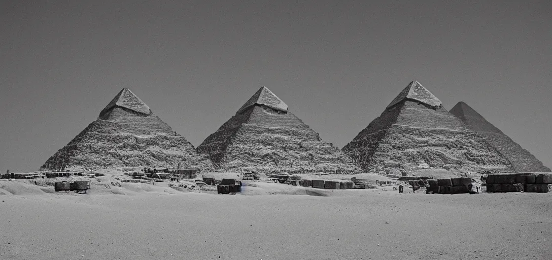 Image similar to vintage landscape photo of giza pyramids, taken leica m 5 with kodak ektachrome, photo realism, film photography, highly detailed