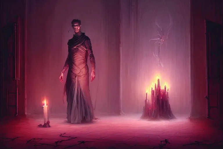 Prompt: Character concept art of Pretty guy male necromancer bringing dead to alive, casting dark magic spell. Castle room, lots of candles, barely lit warm violet red light, many transparent souls comes through the floor By greg rutkowski, tom bagshaw, beksinski