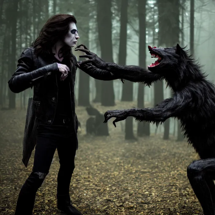 Image similar to photograph of a real-life beautiful vampire confronting a werewolf. 8k