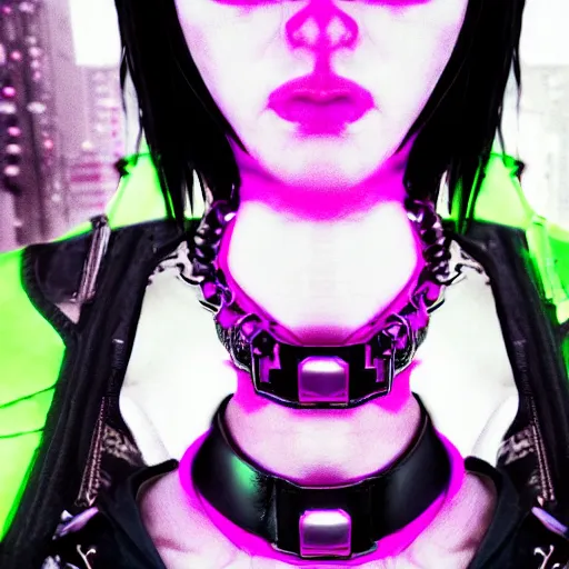 Image similar to detailed realistic cyberpunk female character cyberpunk wearing large steel collar around neck, realistic, art, beautiful, 4K, collar, choker, collar around neck, punk, artstation, detailed, female, woman, choker, cyberpunk, neon, punk, collar, choker, collar around neck, thick collar, choker around neck, wearing choker, wearing collar, bright neon punk hair,