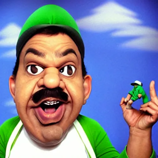 Image similar to beautifully rendered, masterpiece, caricature, claymation, luis guzman as luigi making absurd silly looking faces