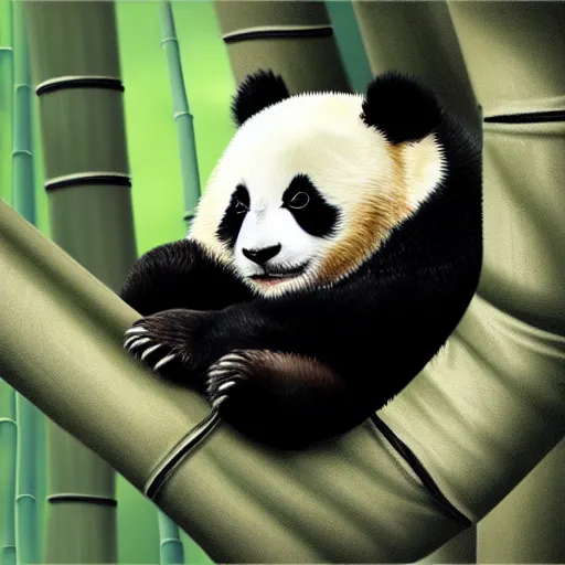 Image similar to A baby panda sleeping in a bamboo forest, highly detailed body ,it is raining, night time , peaceful atmosphere, moody lighting , digital art , highly detailed , high contrast, beautiful lighting, award winning , trending on art station, photorealistic, 8k