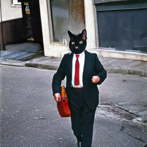 Image similar to a businessman cat going to work, 1 9 7 0 colour photography, award winning