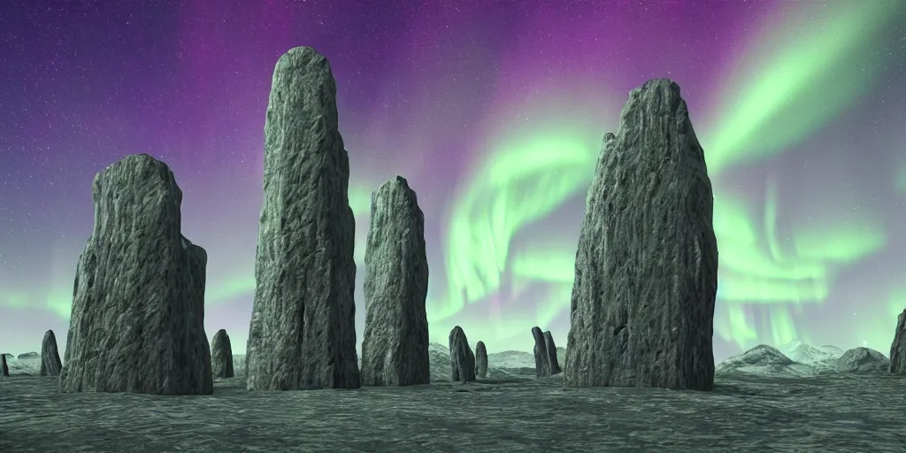 Image similar to highly detailed photoreal eldritch biomechanical rock monoliths, stone obelisks, aurora borealis, psychedelic