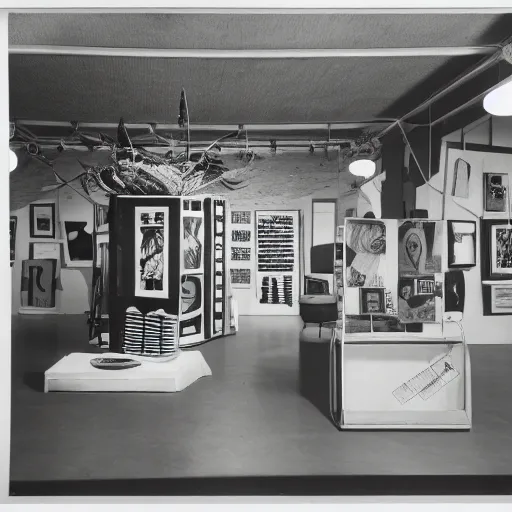 Image similar to A black and white photography of an exhibition space with objects of Sun Ra, Marcel Duchamp and tropical plants, 60s, offset lithography print, newspaper, distant shot