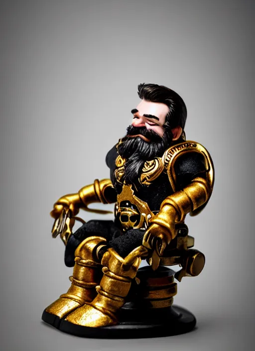 Image similar to dwarf fighter sitting in mechanical spider chair, gold, exquisite details, black beard, white background, by studio muti