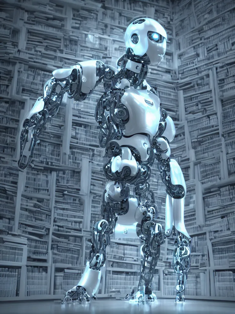 Prompt: “an artificial intelligence robot designed by the elder gods in a library cgi render photorealistic cinematic”