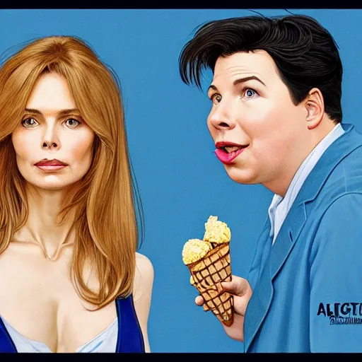 Image similar to portrait of michael mcintyre & a blonde fuller figured middle aged barbara bach from the bond film wearing blue dungarees and eating ice creams in porto, real life skin, intricate, elegant, highly detailed, artstation, concept art, smooth, sharp focus, art by artgerm and greg rutkowski and alphonse mucha