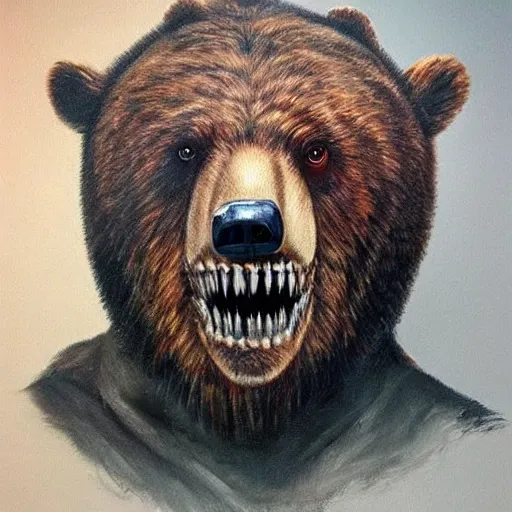 Image similar to a horrid painting of a bear with a human face sown onto it, terrifying creature, absurdly sharp teeth with blood, stunning level of detail by professional artists