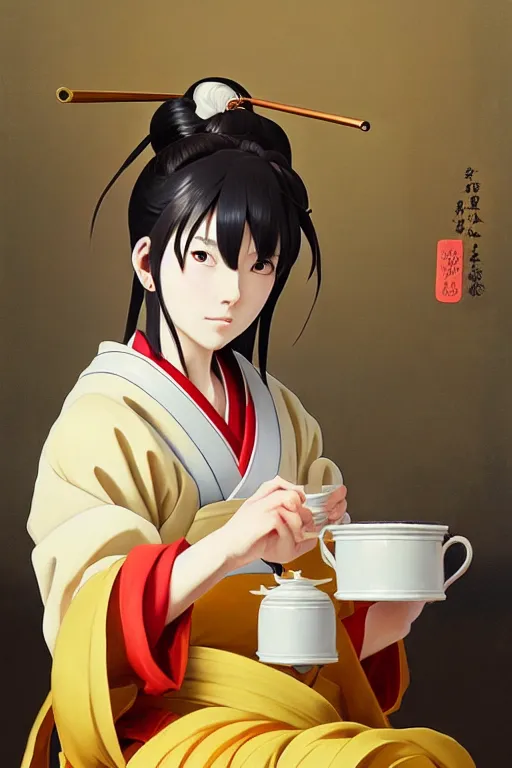 Image similar to baroque oil painting of anime key visual concept art of anime traditional japanese shinto priestess pouring a cup of tea gracefully, sat in seiza position, award winning, trending on artstation, palette knife! and brush strokes, oil on canvas, makoto shinkai greg rutkowski studio ghibli