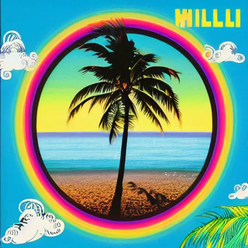 Image similar to miracle musical Hawaii part ii album cover, showing an ocean in the background, spiral transparent stairs on the left with tall palm trees behind it, a slight rainbow in the background, white outline border, moon in the right top area black and white except for the rainbow album cover rainbow text in the center reading Hawaii part ii, 80s Japanese