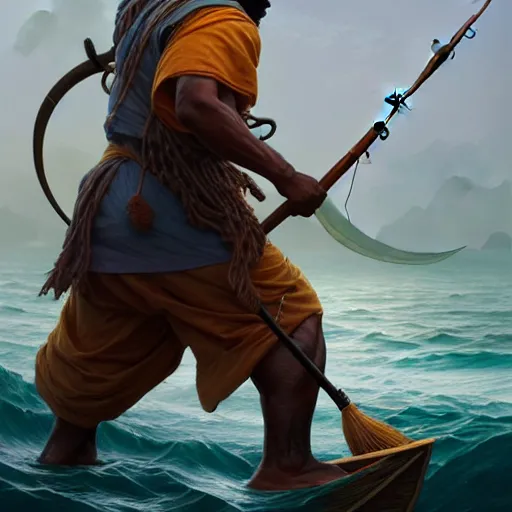 Image similar to fisherman, male, Jamaican, wide angle, parting the sea, magical fishing rod weapon, D&D, fantasy, intricate, elegant, highly detailed, digital painting, artstation, octane render, concept art, matte, sharp focus, illustration, hearthstone, art by Artgerm and Greg Rutkowski and Alphonse Mucha