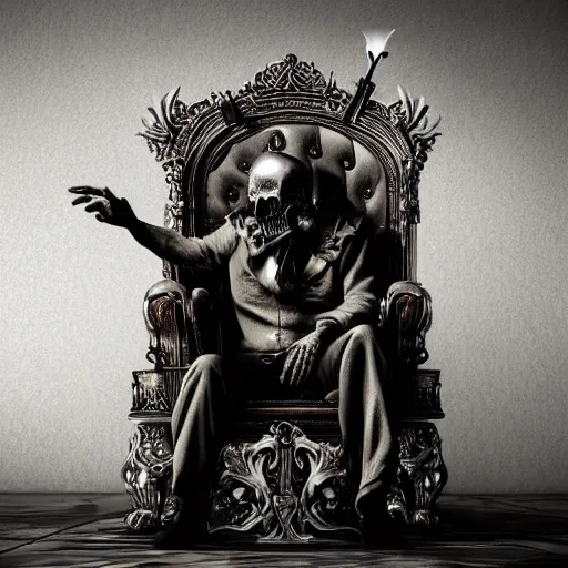 Image similar to the king of death, sitting on throne, shadows, hyperrealistic, dead bodies in the background, high resolution, 8 k, dramatic lighting, holding a skull