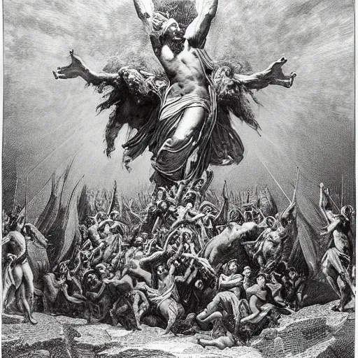 Prompt: the apotheosis of richard milhous nixon, an engraving by gustave dore and mark riddik