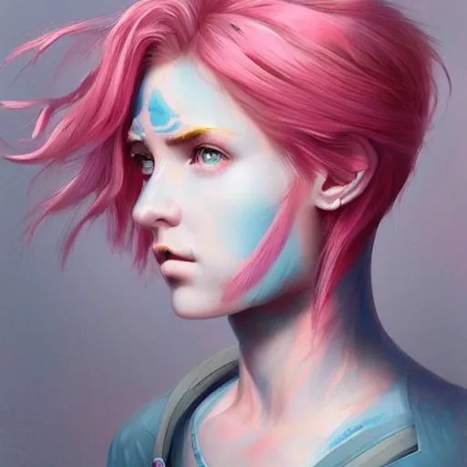 Image similar to beautiful warrior angel with pink hair, upper body, blue piercing eyes, thin features, beautiful aesthetic, by james jean, trending on artstation, digital art