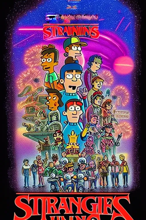 Prompt: Futurama Cast in Stranger Things poster by Matt Groening, high resolution, hyper detailed, intricate, illustrated, all cast members !n-9