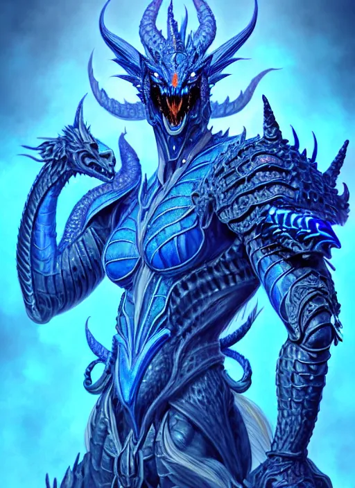 Image similar to muscular and tall blue ghostly fire humanoid dragon!!!! draconian!! intricate ornate iridescent heavy armor!! character concept art, sharp focus, octane render! unreal engine 5! highly rendered!! trending on artstation!! detailed linework!! illustration by artgerm, wlop, and chie yoshii