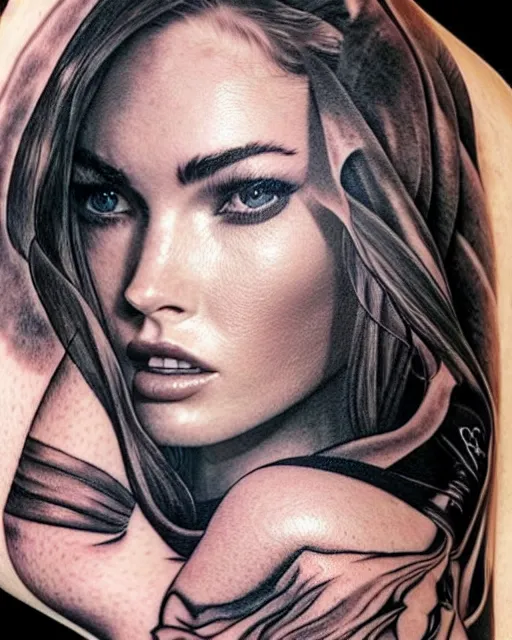 Image similar to amazing double exposure effect tattoo design sketch of megan fox with beautiful mountains, realism tattoo, in the style of andrey lukovnikov, amazing detail, sharp