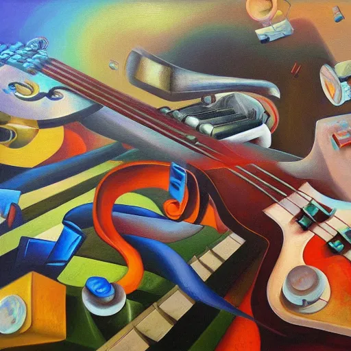 Prompt: music as a video game, oil and acrylic on canvas, surrealism, high detail