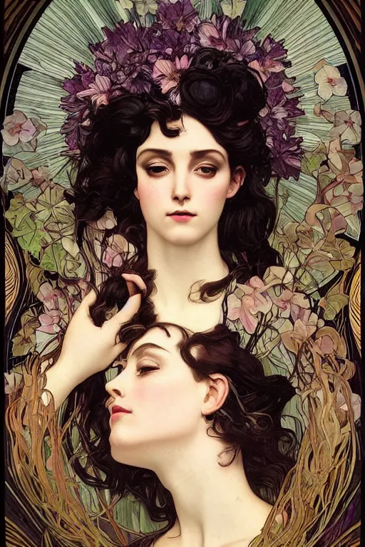 Image similar to a goddess of dark flowers!! hair in the wind! with a beautiful symmetrical face!!! cinematic lightning, murky dusty deep, smoky eyes, isolated, studio lighting by alphonse mucha and tom bagshaw