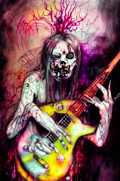 Image similar to zombie punk rocker playing guitar by agnes cecile, brian froud, intricated details, 3 / 4 view, full body portrait, extremely luminous bright design, horror, pastel colours, toxic drips, autumn lights