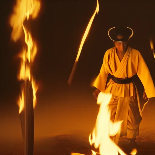 Image similar to cinematic film still Pharrell Williams starring as a Samurai holding fire, Japanese CGI, VFX, 2003, 40mm lens, shallow depth of field,film photography