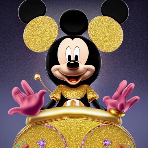 Image similar to Mickey Mouse with a diamond jeweled crown with a golden crown, photo-realistic, highly detailed, 8k, in the art style of Filip Hodas, 8k