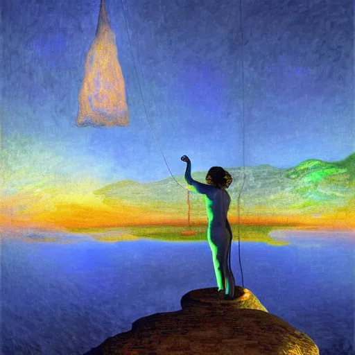 Image similar to A climber that codes A.I. - award-winning digital artwork by Dali and Monet. Stunning lighting