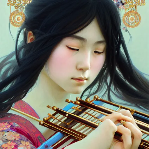 Image similar to Portrait of a japanese girl playing a cross flute, face, fantasy, intricate, elegant, highly detailed, digital painting, artstation, concept art, smooth, sharp focus, illustration, art by Fernanda Suarez and Artem Demura and alphonse mucha