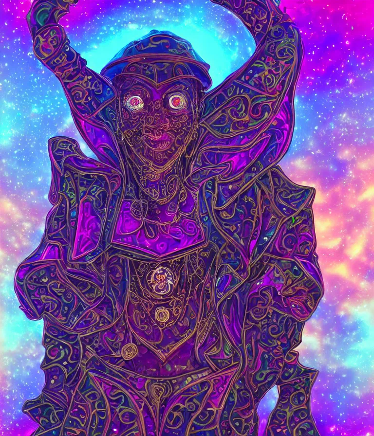 Image similar to front!!! shot of a court jester!!! character, hyperdimensional, (bioluminescent) hypercubes, dark holography!!!, (sunset) (psychedelic), chrome, (((intricate))), elegant, highly detailed, centered, (((artstation, concept art, smooth, sharp focus, artgerm, Tomasz Alen Kopera, Peter Mohrbacher, donato giancola, Joseph Christian Leyendecker, WLOP, Boris Vallejo))), mugshot!!!!!, ugly!!!!!!, octane render, nvidia raytracing demo, octane render, nvidia raytracing demo, octane render, nvidia raytracing demo, grainy, muted, 8K, digitalblasphemy, metatron