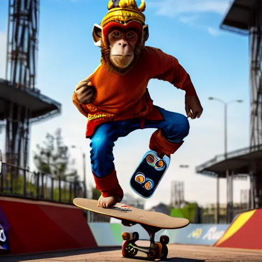 Image similar to monkey king doing kick flips on a skateboard at the olympics by artem chebokha, trending on artstation, photorealistic, high resolution, vray, 8 k, octaneoctane render, weta digital, micro details, 3 d sculpture, structure, ray trace