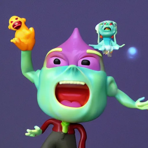 Image similar to single crazy melting plastic toy Pop Figure characterdesign product, C4d, by pixar, by dreamworks, screaming with drooling mouth open, in a Studio hollow, surrounded by flying particles