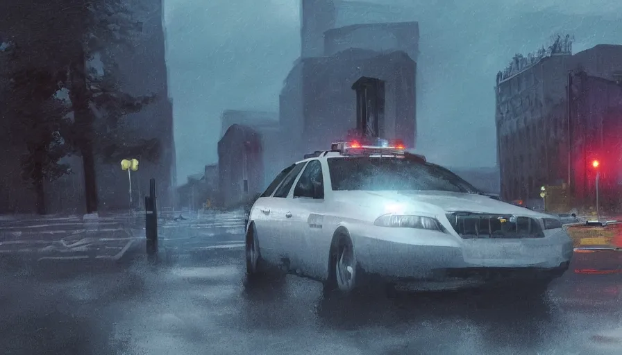 Image similar to cop car crossing washington dc streets during thunderstorm, sirens, hyperdetailed, artstation, cgsociety, 8 k