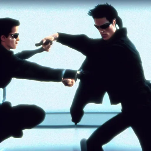 Image similar to neo fighting security. Matrix movie screenshot. Epic keyframe.