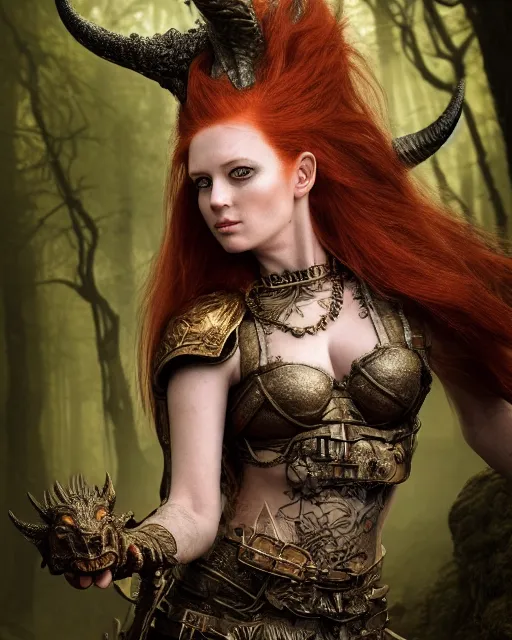 Image similar to 5 5 mm portrait photo of an armored gorgeous anesthetic redhead woman warrior with a face tattoo and horns growing from her head, and small dragon sitting on her shoulder in a magical forest in the style of stefan kostic, art by luis royo. highly detailed 8 k. intricate. lifelike. soft light. nikon d 8 5 0. cinematic post - processing