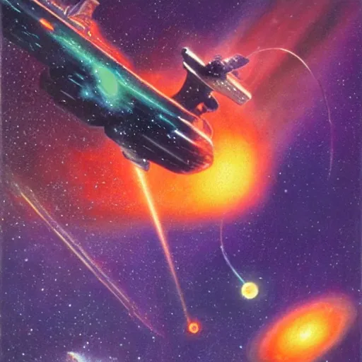 Image similar to starship laser battle, nebula, retro, 1960's sci fi, concept art, style of gerald brom and jean giraud,