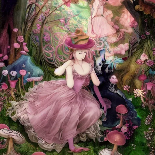 Image similar to Alice in Wonderland and the Mad Hatter, in the style of Japanese shoujo manga, inspired by pre-raphaelite paintings, mc Escher, John Singer Sargent, and Möbius, features marbled patterns, candles, lanterns, fungi, ethereal, playful, whimsical, gossamer lace and tulle, ethereal atmosphere, dramatic light, 4K shot, hyper detailed digital art