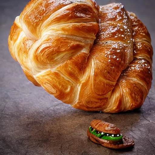 Image similar to a photo of a croc shoe in the style of a croissant, product photo, food photography