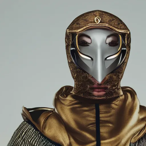 Image similar to portrait of masked dune dynasty with gucci clothes, white background, gucci logo, 8 k, symmetrical, 3 d render, octane render, insane details