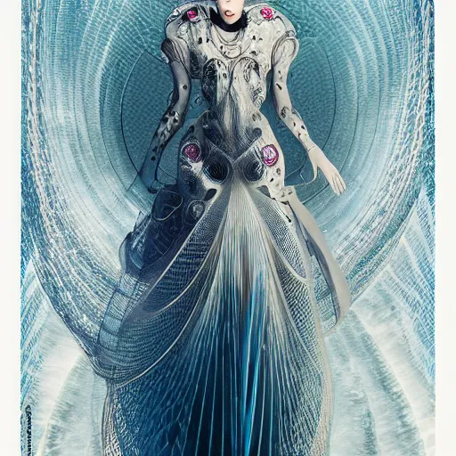 Image similar to a beautiful arabian woman wearing a futuristic dress by alexander mcqueen, thom browne, karol bak, ayami kojima, artgerm, arabian beauty, blue eyes, smile, futuristic, organic dress, pattern, concept art, fantasy