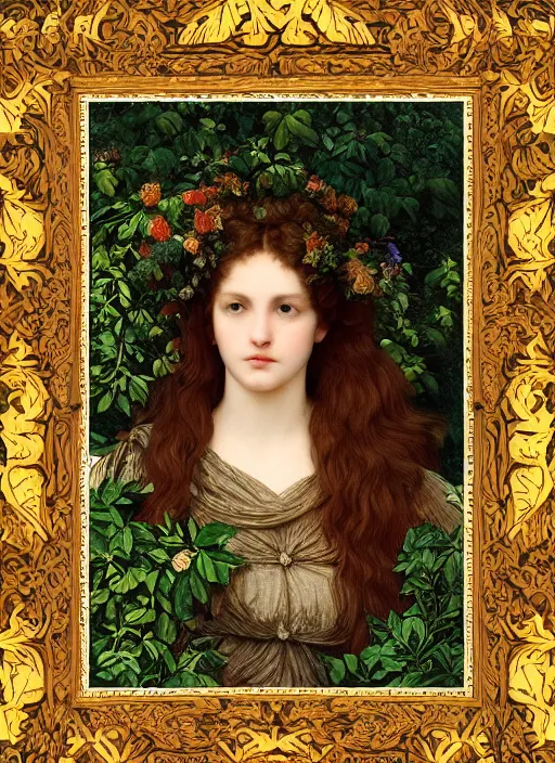 Image similar to masterpiece beautiful seductive flowing curves preraphaelite face portrait photography, extreme close up shot, straight bangs, thick set features, yellow ochre ornate medieval dress, laying amongst foliage mushroom forest circle arch, frederic leighton and kilian eng and rosetti and preraphaelites, william morris, framed, 4 k