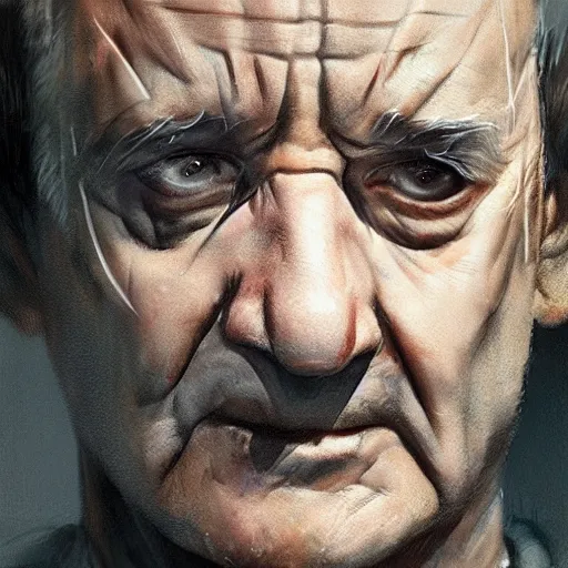 Image similar to close-up, symmetrical!, portrait of a young Bill Murray, bruised and scarred! cyberpunk, techwear! by Greg Rutkowski, matte painting, trending on artstation