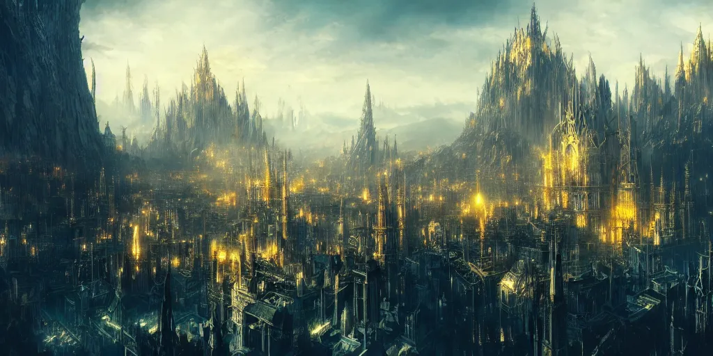 Prompt: majestic epic elven city made of gold, high towers, by the azure ocean. In style of Yoji Shinkawa and Hyung-tae Kim, trending on ArtStation, Greg Rutkowski, dark fantasy, great composition, concept art, highly detailed, scenery, 8K.
