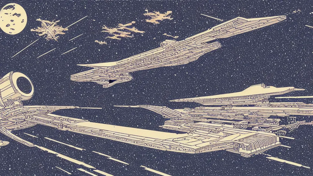 Image similar to A wide shot, galactic spaceship battle, flat design, screen print by Kawase Hasui and dan hillier